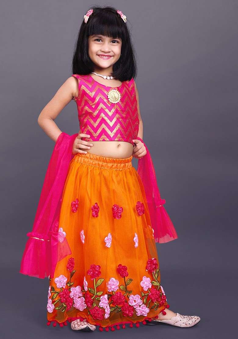 Orange Printed Blended Lehenga Choli For Girls - Indya