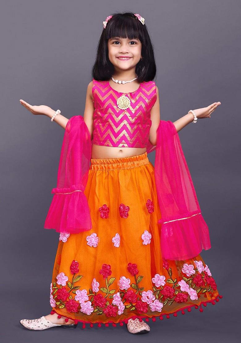 Orange Printed Blended Lehenga Choli For Girls - Indya