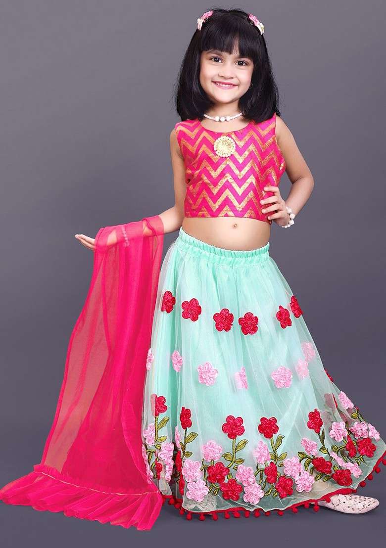 Sea Green Printed Blended Lehenga Choli For Girls - Indya