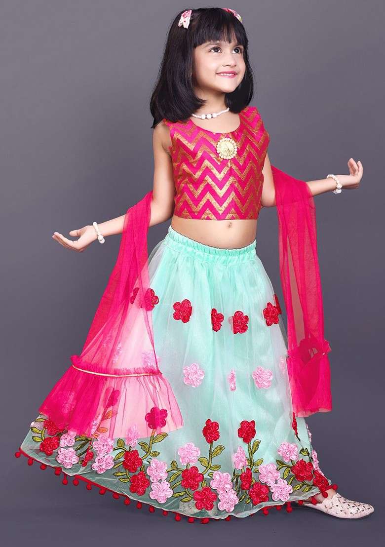 Sea Green Printed Blended Lehenga Choli For Girls - Indya