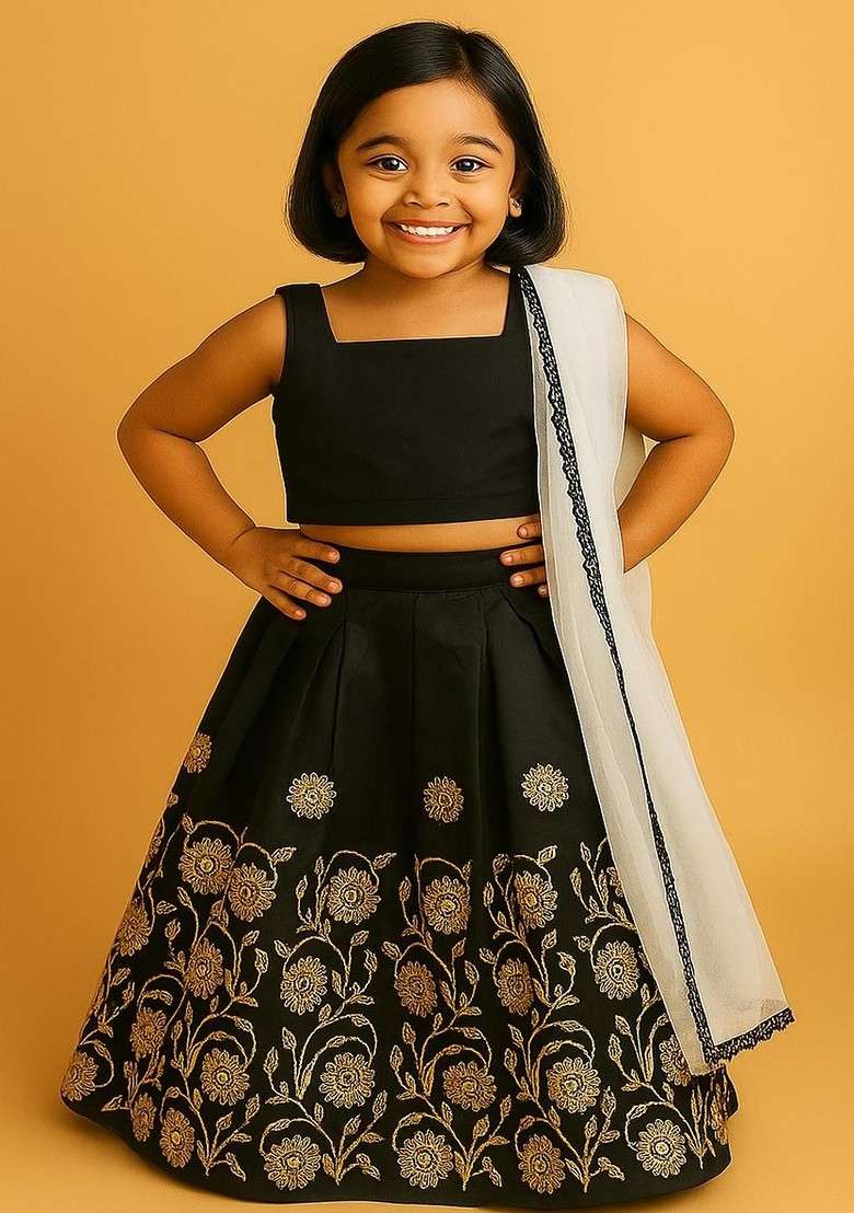 Black Embroidered Blended Lehenga Choli For Girls - Indya