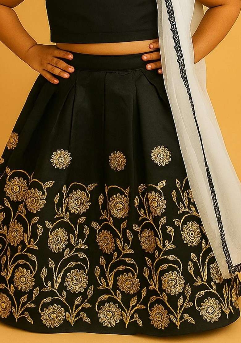 Black Embroidered Blended Lehenga Choli For Girls - Indya