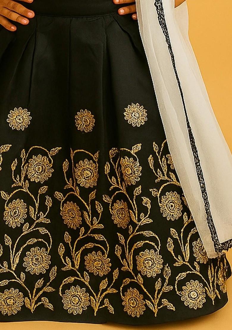 Black Embroidered Blended Lehenga Choli For Girls - Indya