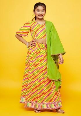 Yellow Printed Blended Lehenga Choli For Girls