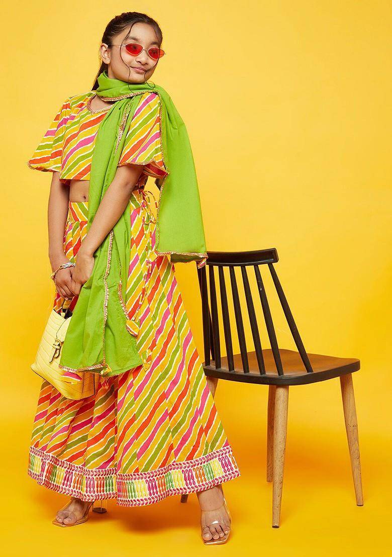 Yellow Printed Blended Lehenga Choli For Girls - Indya
