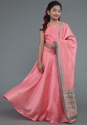 Pink Printed Blended Lehenga Choli For Girls