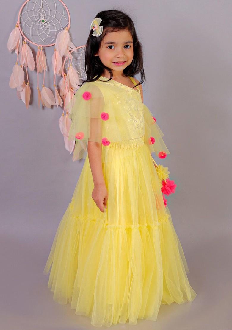 Yellow Embroidered Blended Lehenga Choli For Girls - Indya