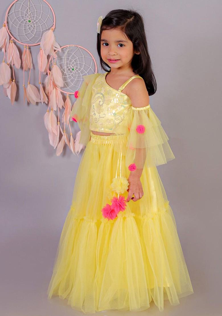 Yellow Embroidered Blended Lehenga Choli For Girls - Indya