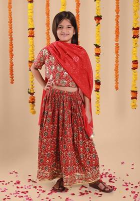 Red Printed Blended Lehenga Choli For Girls