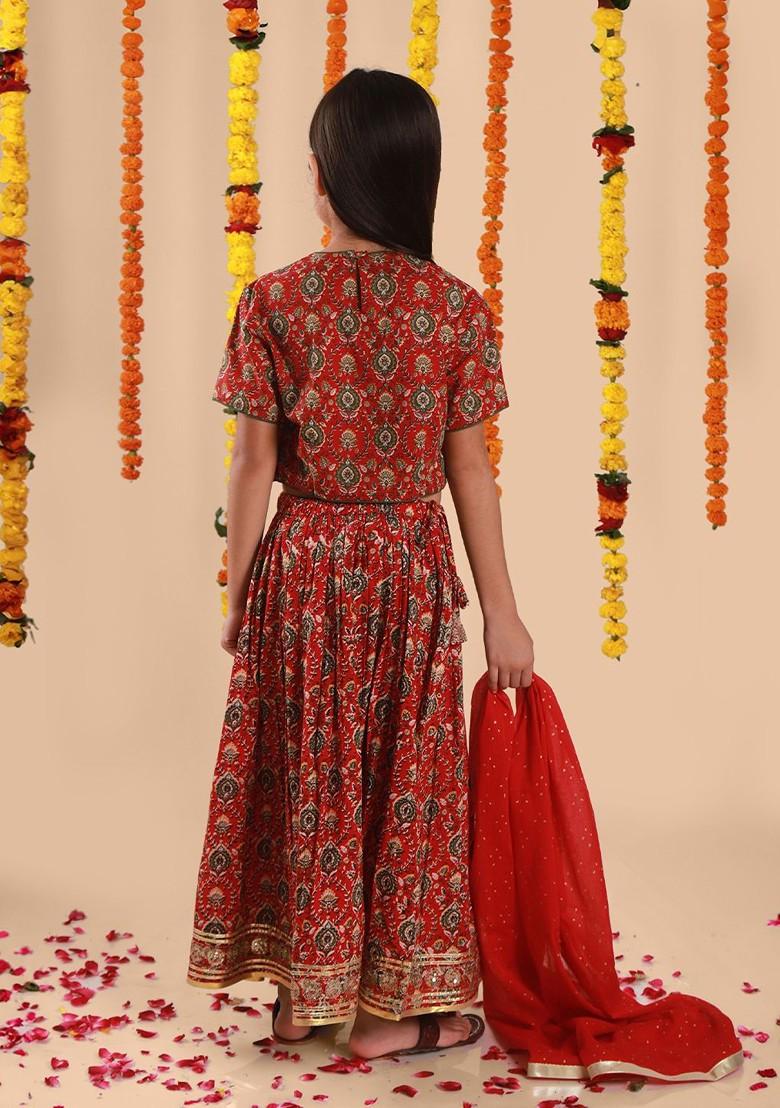 Red Printed Blended Lehenga Choli For Girls - Indya