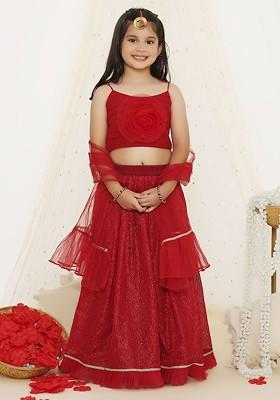 Red Embellished Net Lehenga Choli For Girls