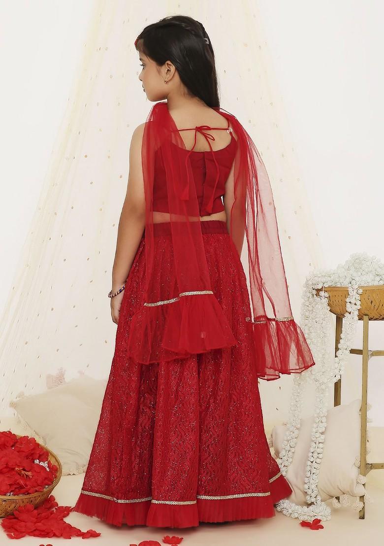 Red Embellished Net Lehenga Choli For Girls - Indya