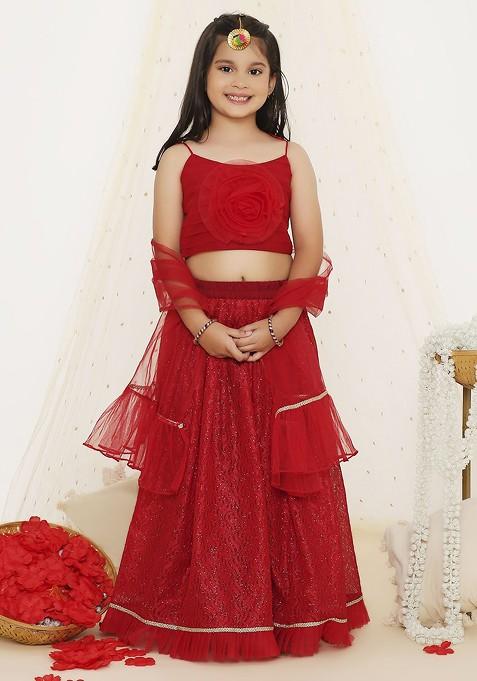 Red Embellished Net Lehenga Choli For Girls — view on Indya