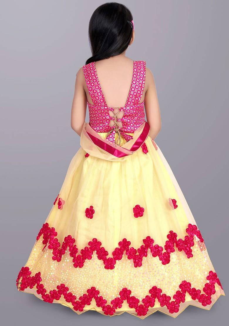 Yellow Embroidered Blended Lehenga Choli For Girls - Indya