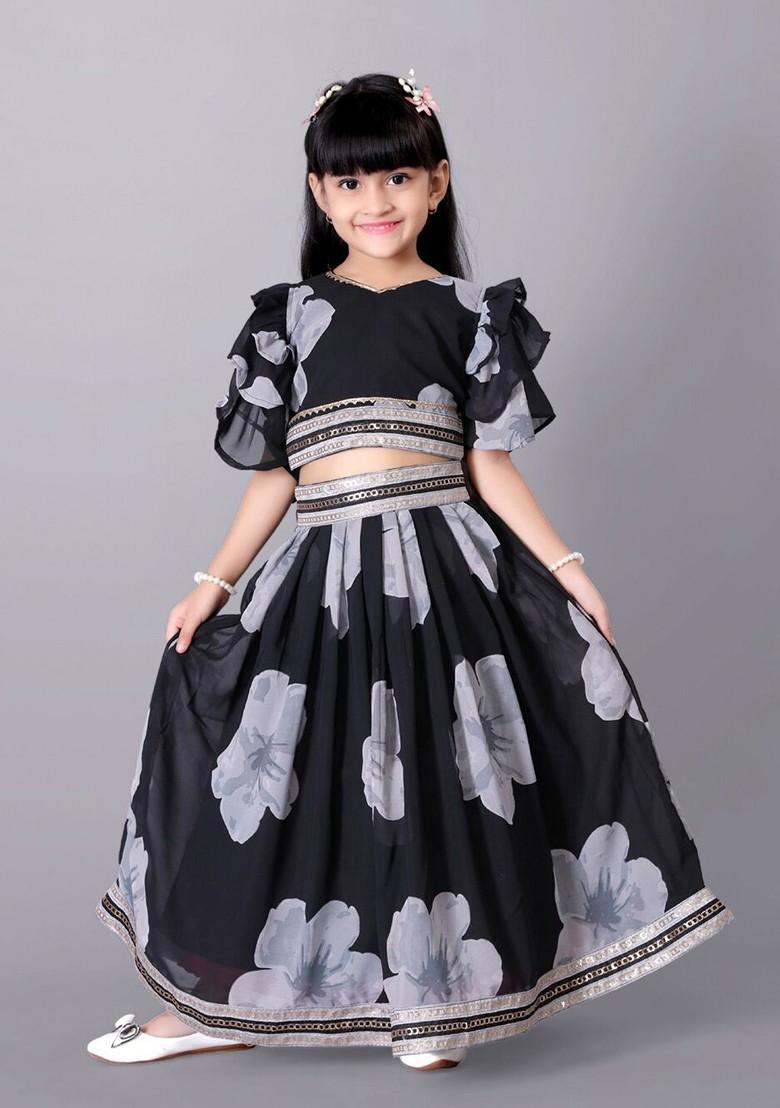 Black Printed Silk Lehenga Choli For Girls - Indya