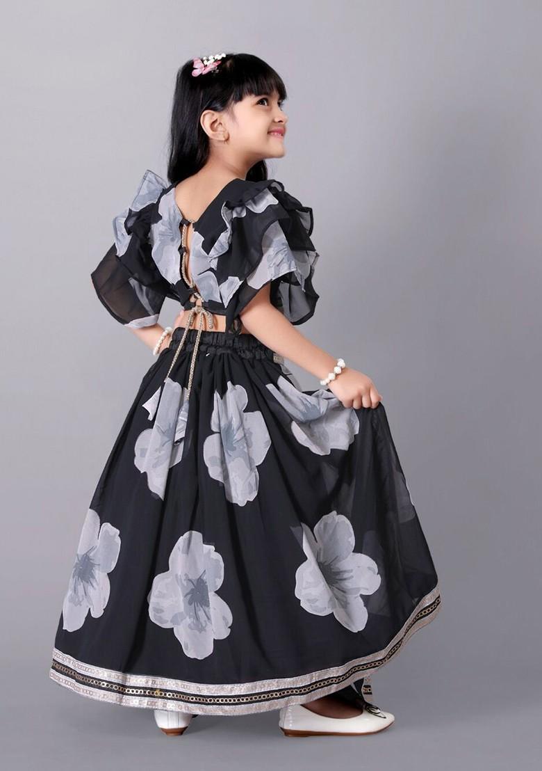 Black Printed Silk Lehenga Choli For Girls - Indya