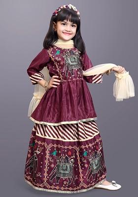 Maroon Printed Blended Lehenga Choli For Girls