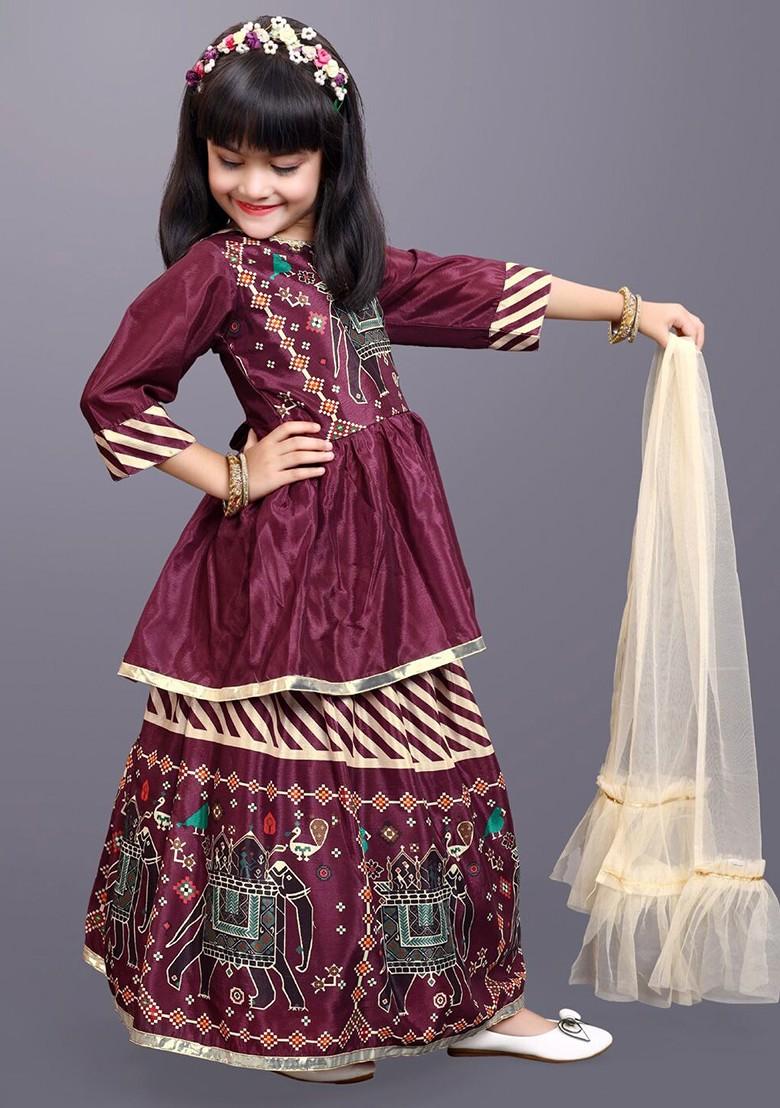 Maroon Printed Blended Lehenga Choli For Girls - Indya