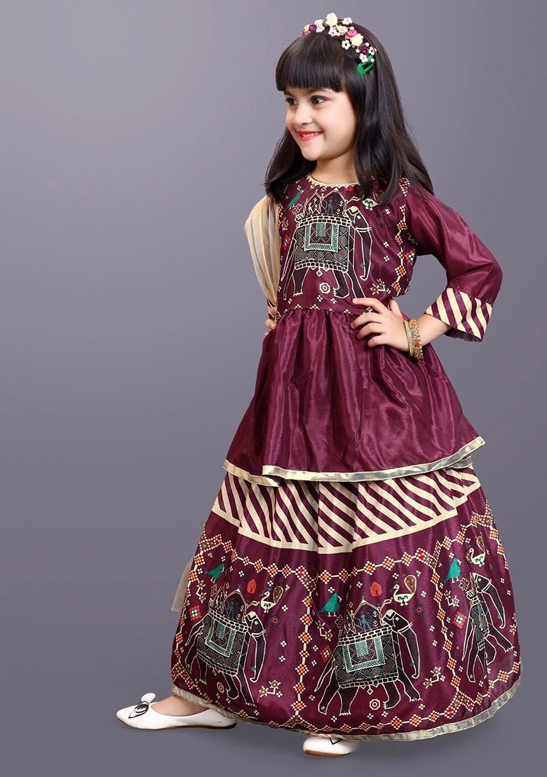 Maroon Printed Blended Lehenga Choli For Girls - Indya