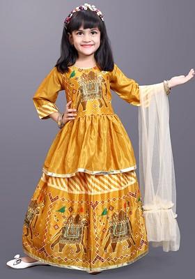 Yellow Printed Blended Lehenga Choli For Girls