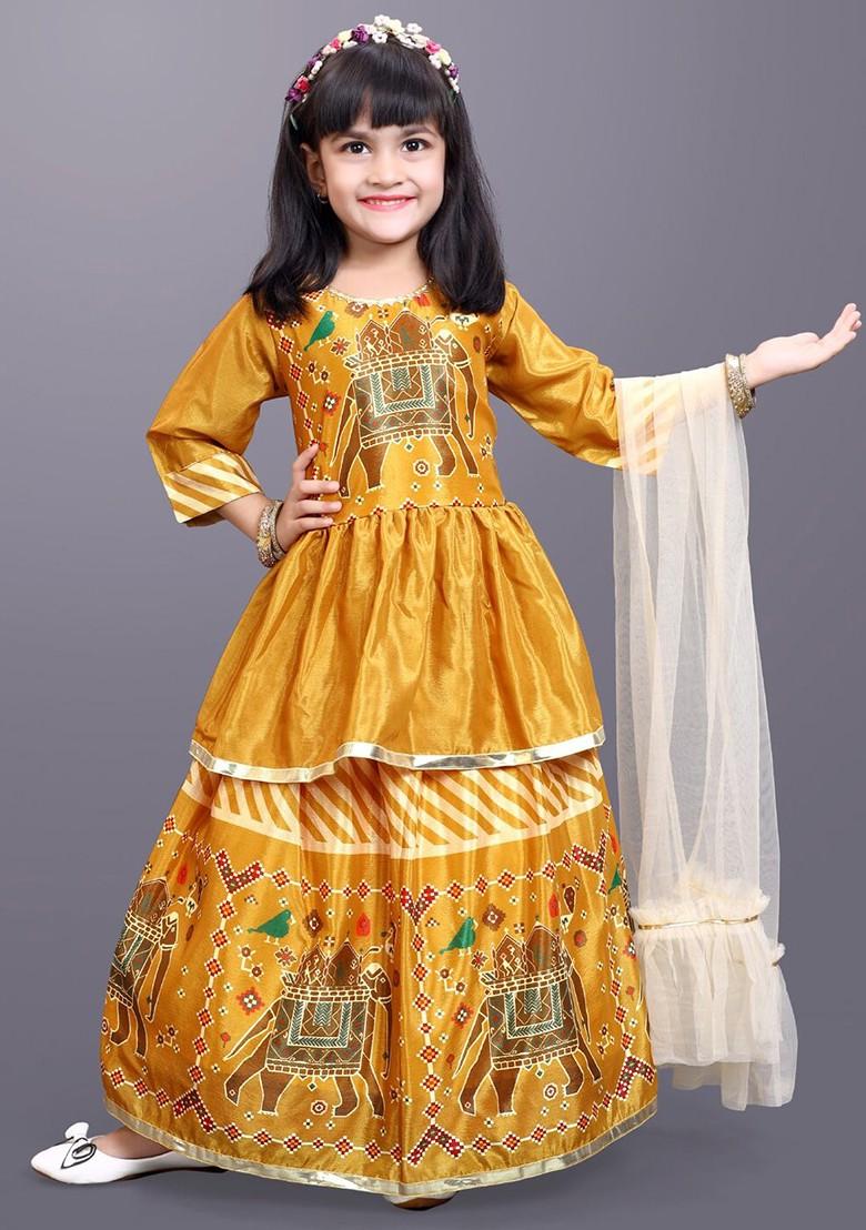 Yellow Printed Blended Lehenga Choli For Girls - Indya