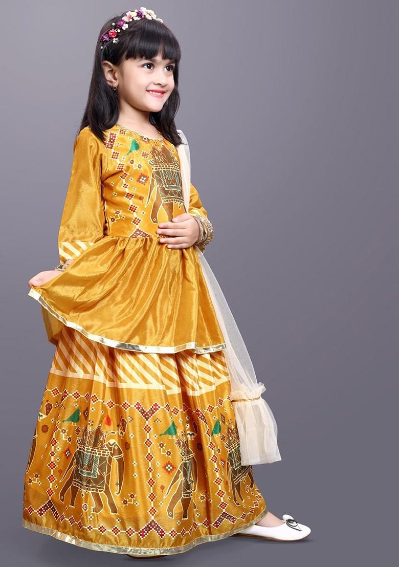 Yellow Printed Blended Lehenga Choli For Girls - Indya