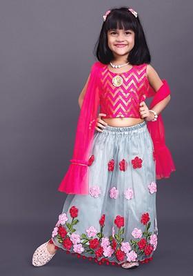 Grey Embroidered Blended Lehenga Choli For Girls