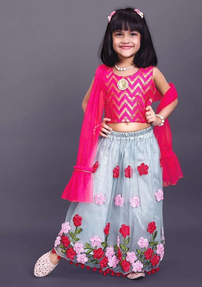 Grey Embroidered Blended Lehenga Choli For Girls - Indya