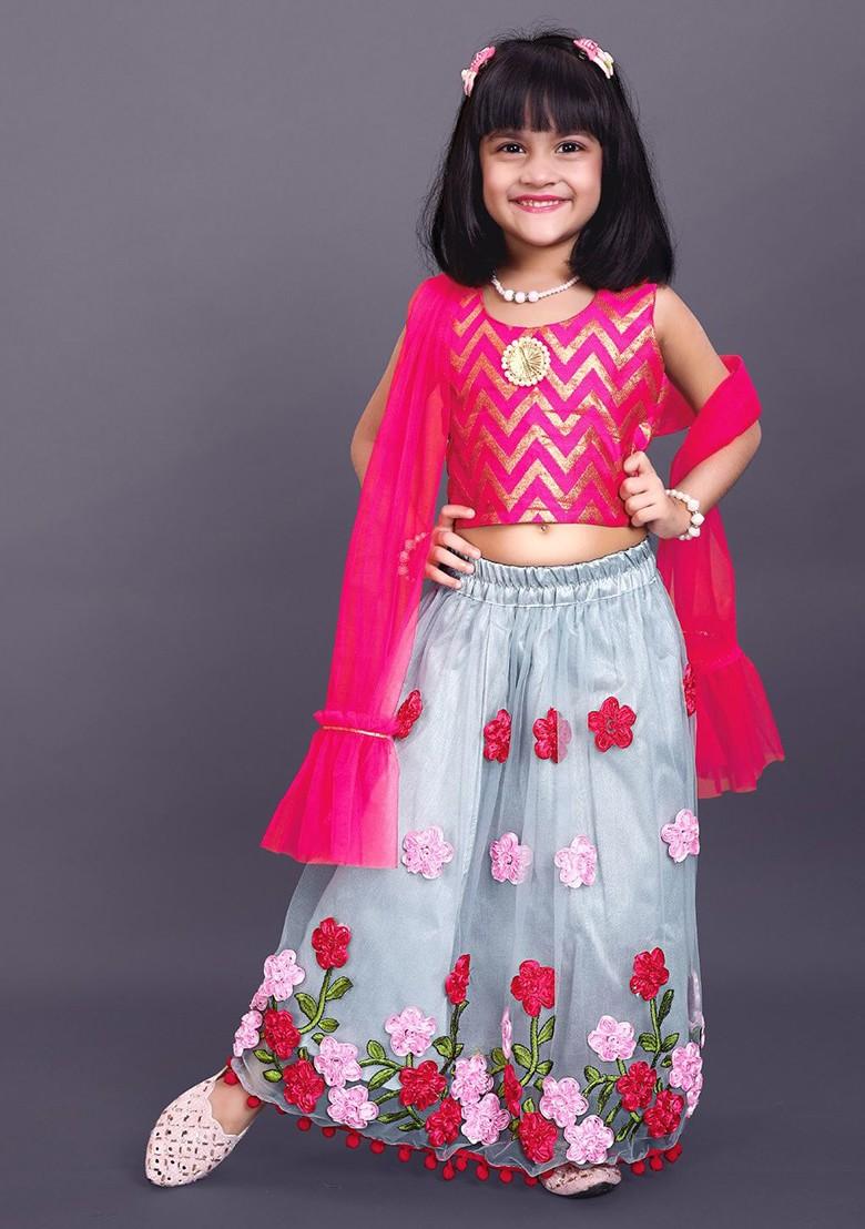 Grey Embroidered Blended Lehenga Choli For Girls - Indya