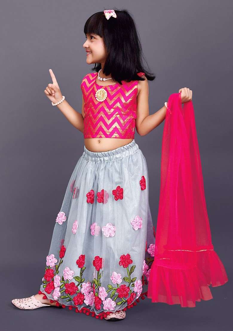 Grey Embroidered Blended Lehenga Choli For Girls - Indya