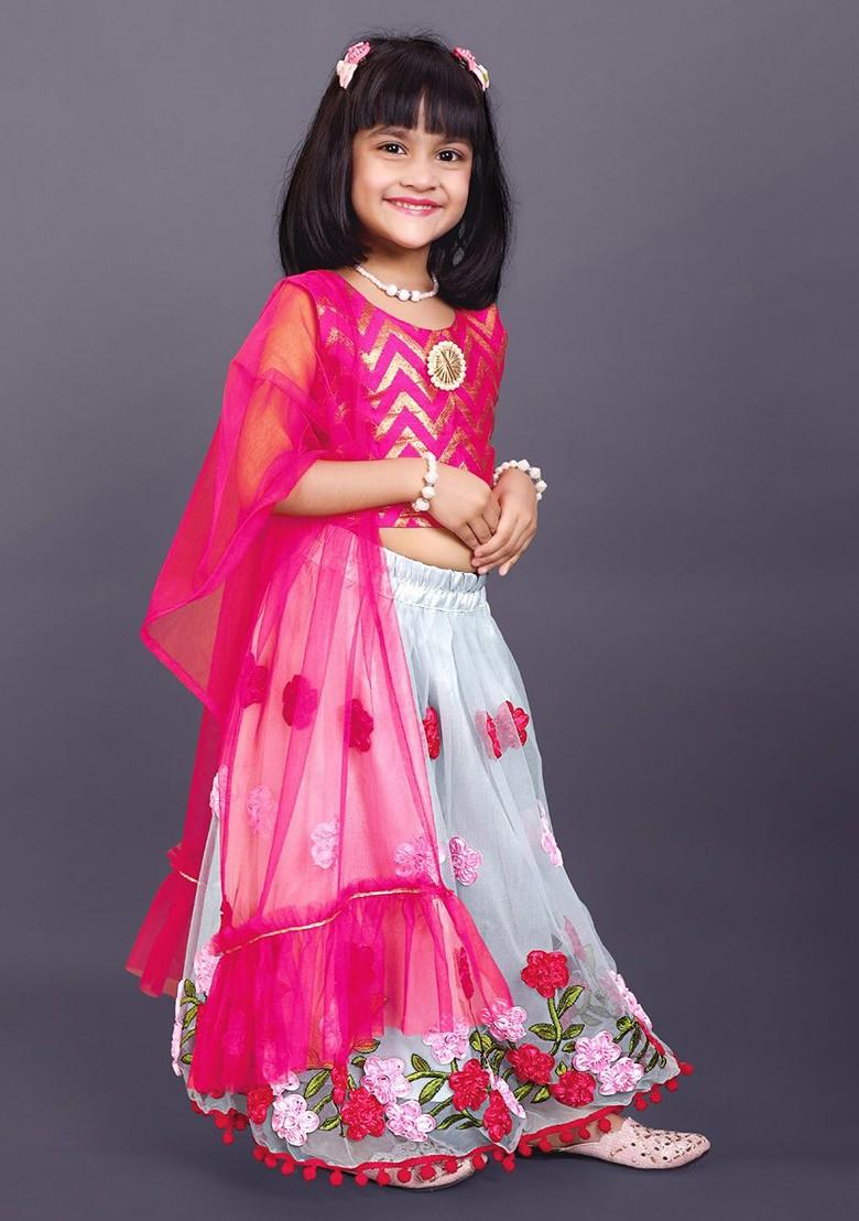 Grey Embroidered Blended Lehenga Choli For Girls - Indya