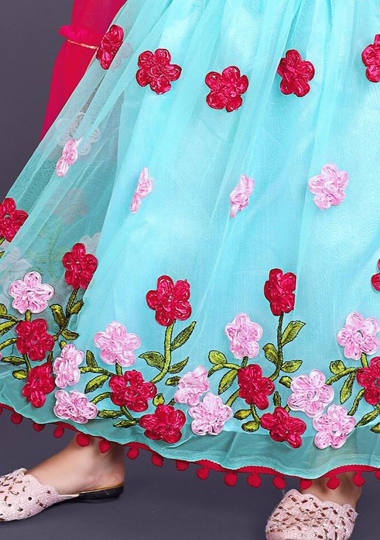 Turquoise Blue Printed Blended Lehenga Choli For Girls - Indya