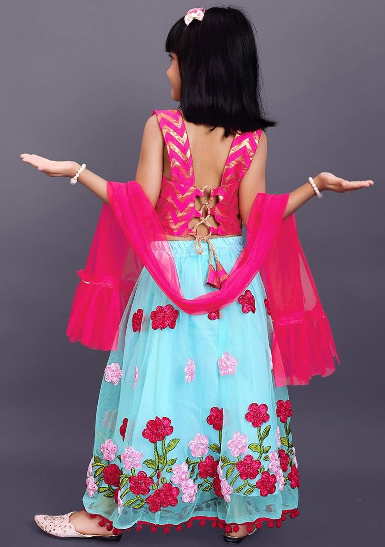 Turquoise Blue Printed Blended Lehenga Choli For Girls - Indya