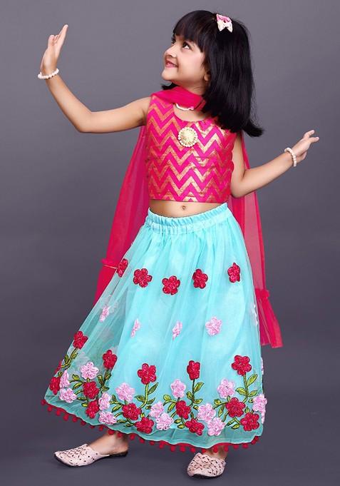 Turquoise Blue Printed Blended Lehenga Choli For Girls — view on Indya