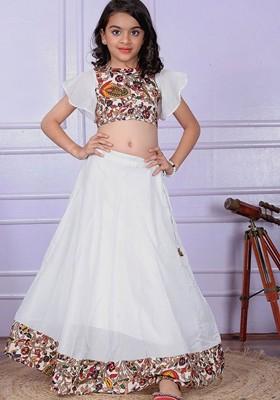 Cream Printed Blended Lehenga Choli For Girls