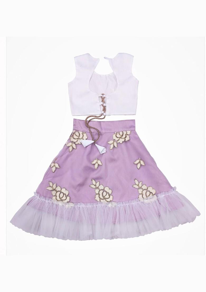 Purple Embroidered Blended Lehenga Choli For Girls - Indya