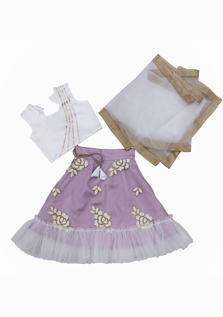 Purple Embroidered Blended Lehenga Choli For Girls - Indya