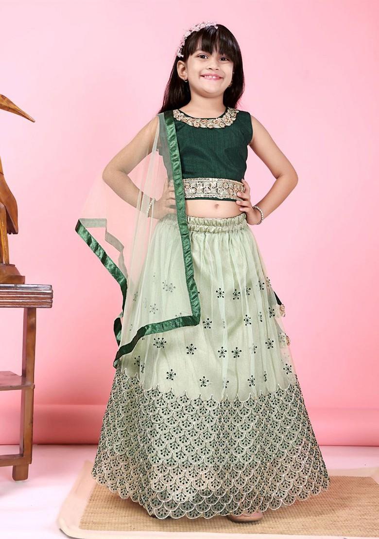 Lime Green Embroidered Net Lehenga Choli For Girls - Indya