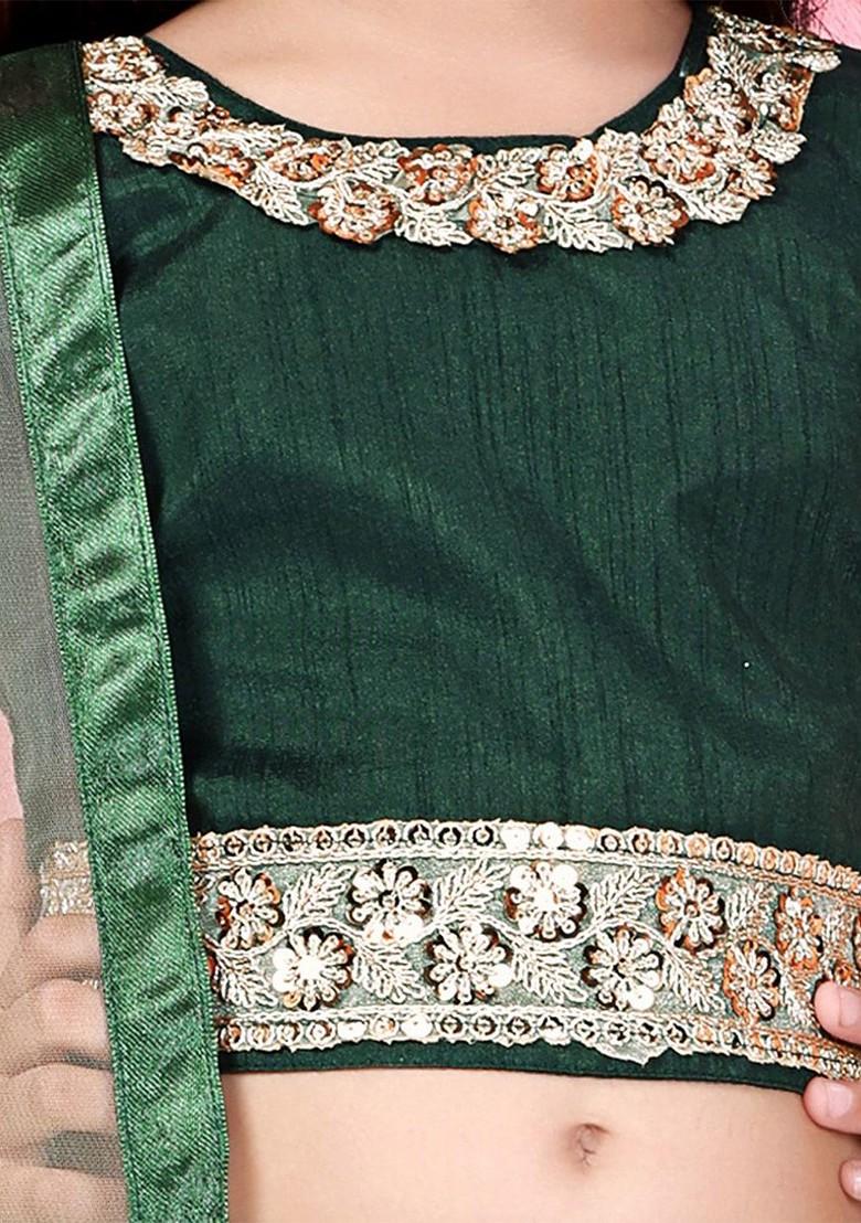 Lime Green Embroidered Net Lehenga Choli For Girls - Indya