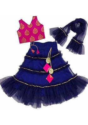Navy Blue Embroidered Blended Lehenga Choli For Girls