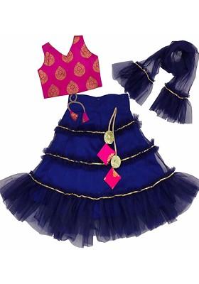 Navy Blue Embroidered Blended Lehenga Choli For Girls