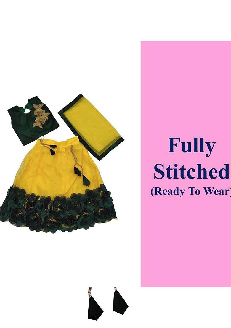 Yellow Embroidered Net Lehenga Choli For Girls - Indya