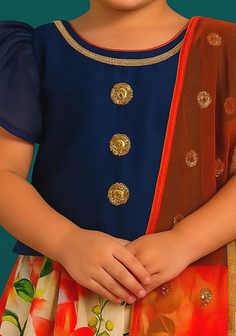 Navy Blue Printed Blended Lehenga Choli For Girls - Indya