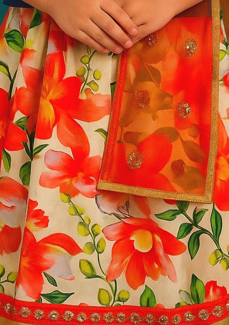 Navy Blue Printed Blended Lehenga Choli For Girls - Indya