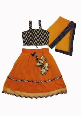 Orange Printed Blended Lehenga Choli For Girls