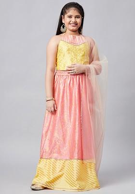 Yellow Printed Blended Lehenga Choli For Girls