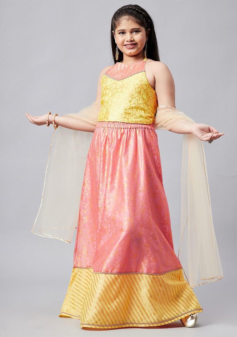 Yellow Printed Blended Lehenga Choli For Girls - Indya