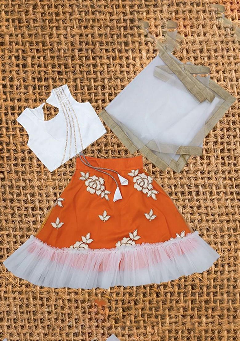 Orange Embroidered Blended Lehenga Choli For Girls - Indya