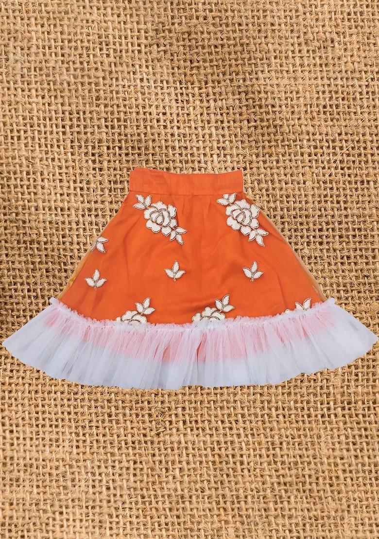 Orange Embroidered Blended Lehenga Choli For Girls - Indya