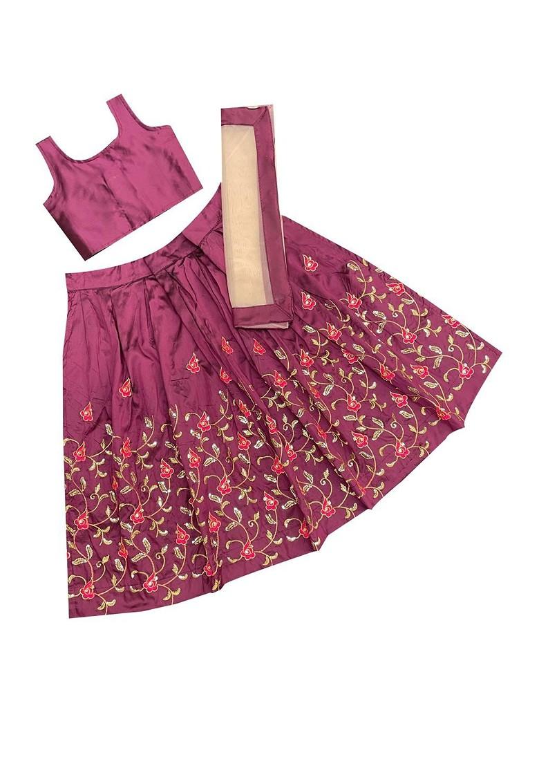 Purple Embroidered Silk Lehenga Choli For Girls - Indya
